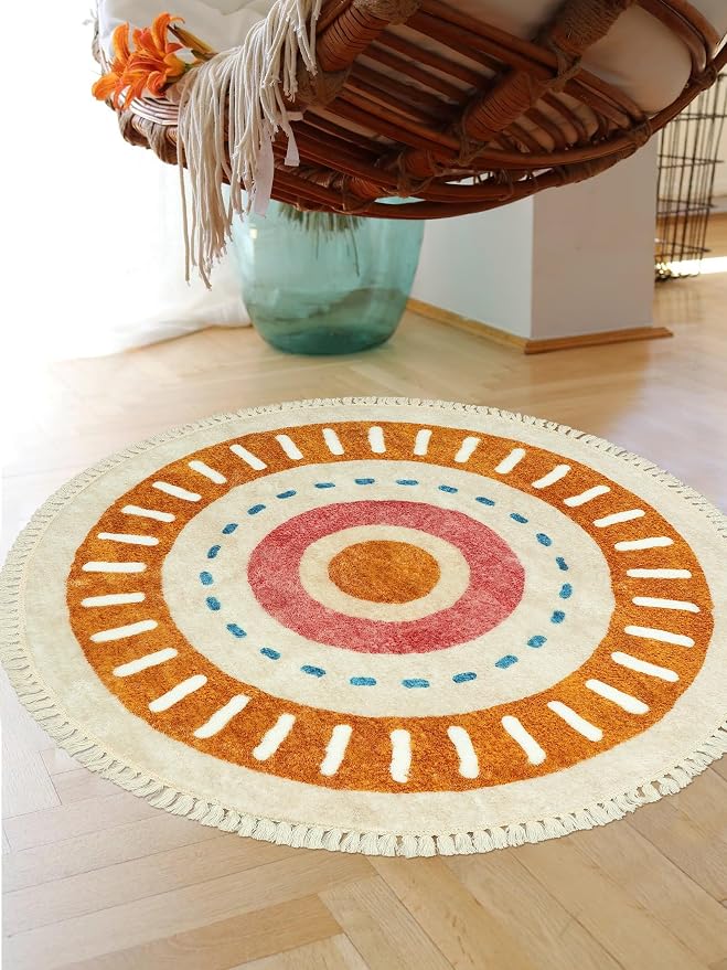 Lukinbox Boho Round Rug -3Ft Sun Washable Bedroom Rugs, Ultra Soft Non-Slip Circle Area Rugs for Living Room, Colorful Circular Rainbow Bathroom Rug for Kids Playroom Nursery Room Chair