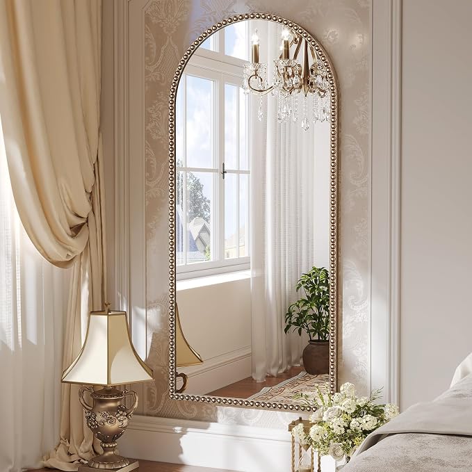Arched Gold Antique Mirror with Beaded, 22"x48" Gold Arch Bathroom Vanity Mirror, Retro Brass Metal Frame Decorative Mirror for Bedroom Dressing Room Entryway Fireplace