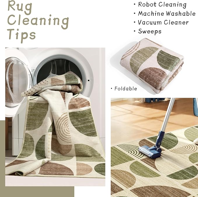 MUJOO Runner Rug Washable,2x6 Area Rugs for Hallways Kitchen Bathroom Bedroom Entryway,Non Slip Carpet Long Mat Indoor,Boho Soft Modern Abstract Vintage Green and Brown
