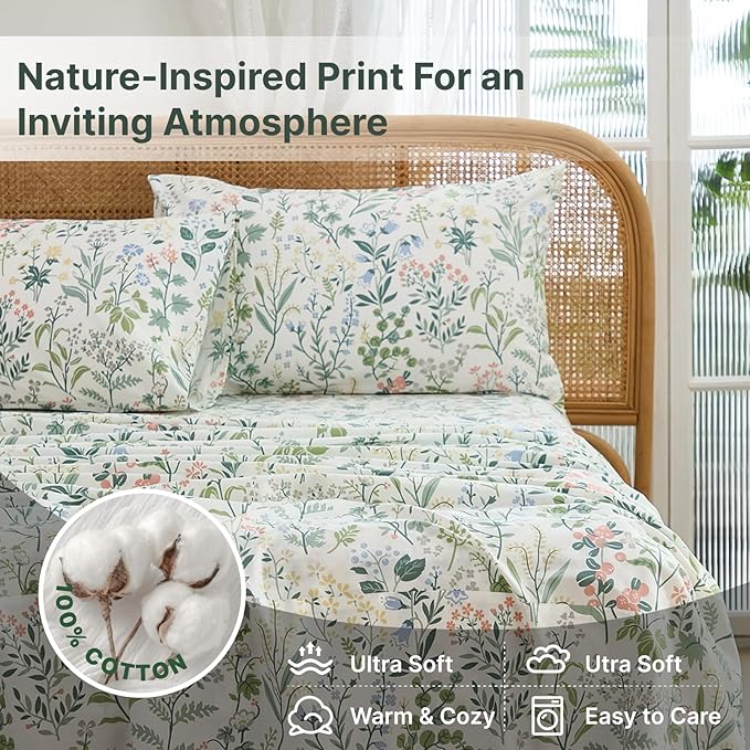 100% Cotton Sheet Set Queen Size – 4-Piece Vintage Green Garden Floral Bedding Set, Soft Breathable Percale Weave, Deep Pocket Fitted Sheet 17.5", Crisp Cool Feel, Refined Botanical Elegance