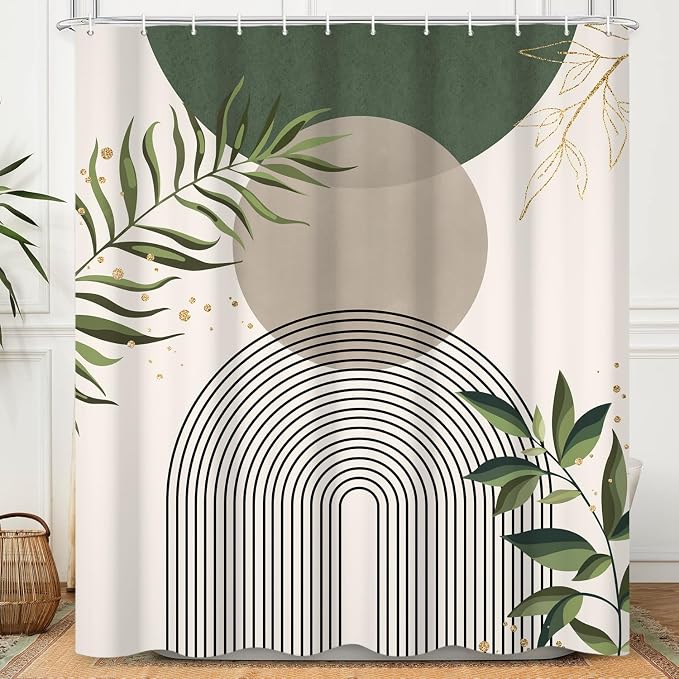 Boho Mid Century Shower Curtain, Green Modern Minimalist Abstract Geometric Gold Plant Leaves Sun Arch Bathroom Curtains Waterproof Fabric Buthtub Curtain Set with Hooks 72" Wx72 L
