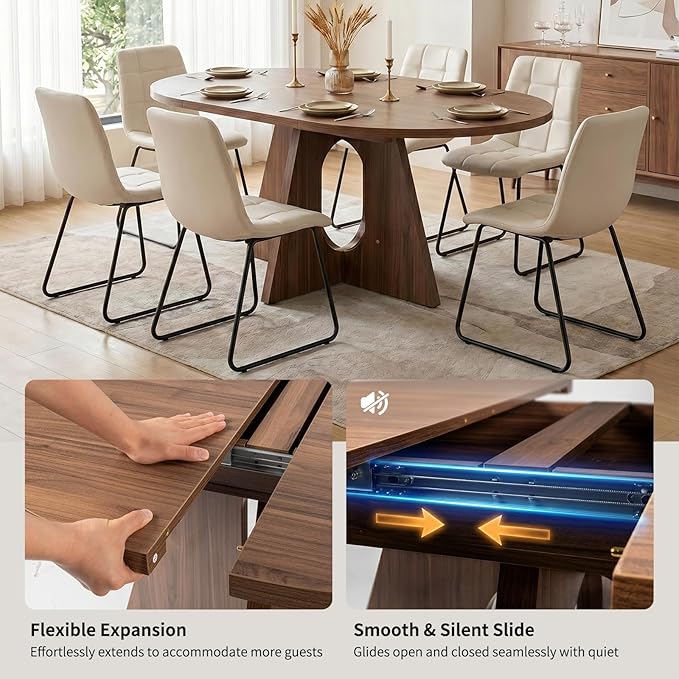 HIPIHOM Modern Round Expandable Dining Table Set for 6, 43.3"-59" Walnut Kitchen Table with 6 PU Leather Chairs, 7-Piece Mid-Century Dining Room Set