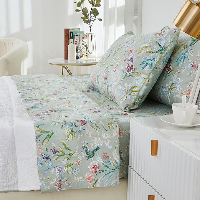 Brandream Garden Style Butterfly Floral Bedding Elegant Watercolor Painting Farmhouse King Size Bed Sheets Set Luxury Bedding Collections 800TC 100% Egyptian Cotton Deep Pocket, 4Pc Green