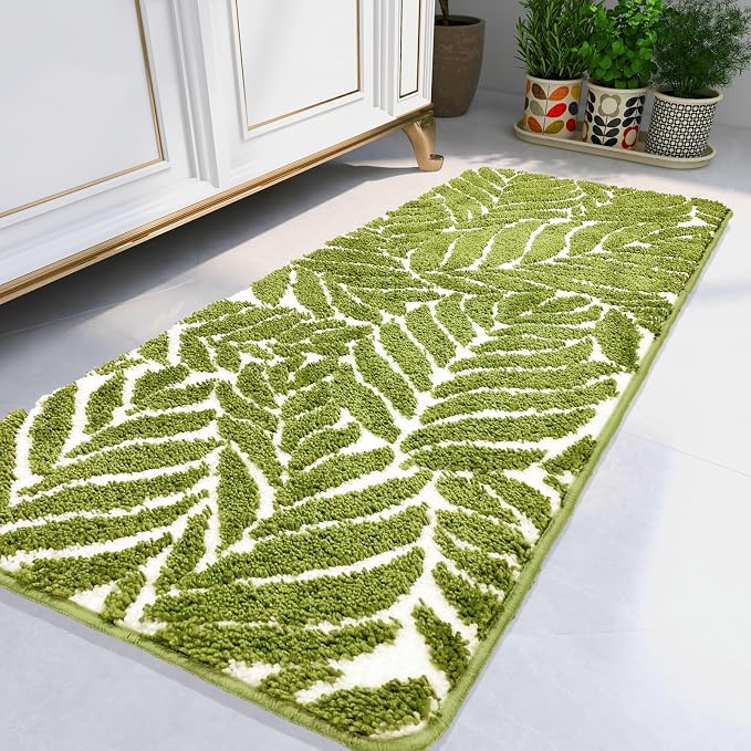 Bathroom Runner Rug- Soft Large Bath Mats, Green Rug for Bedroom, Bedside, Bathroom Runners Non Slip, Long Bathroom Mat Runner, Home Decor Leaves 24" x 60"
