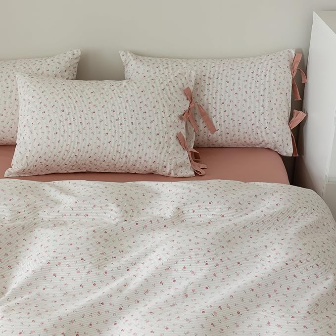 VM VOUGEMARKET Garden Flower Comforter Set Twin 3 Pcs Pink Stripes Bed Comforter with 2 Pillowcases for Teen Girls,Bed in a Bag Fluffy Cottagecore Comforter Set-68"x90"