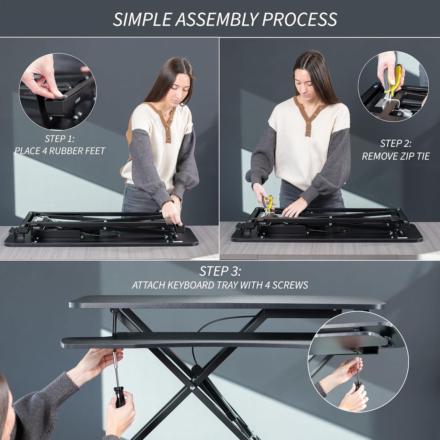 VIVO Height Adjustable Desk Converter - 36 Inch Sit to Stand Riser for Dual Monitors | Rustic Brown Top, Black Frame