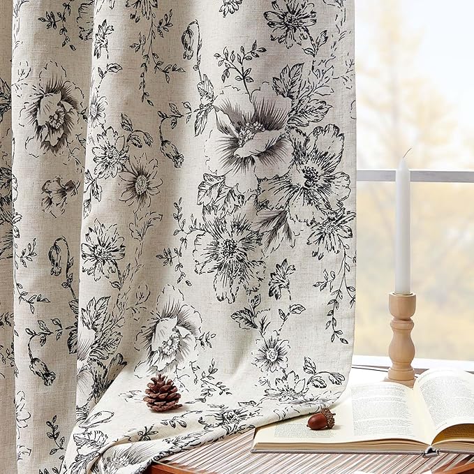 jinchan Blackout Linen Blend Curtain Floral Blackout Curtains for Living Room 120 Inch Length Black Printed with Lined Blackout Curtain for Bedroom Farmhouse Curtains Set 2 Panels