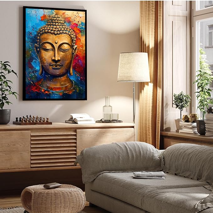Golden Serenity Buddha Vintage Painting Wall Art Spirituality and Modern Art Wall Decor Adds Brilliance to Vibrant Home Decor 24x36in Metal blackFramed