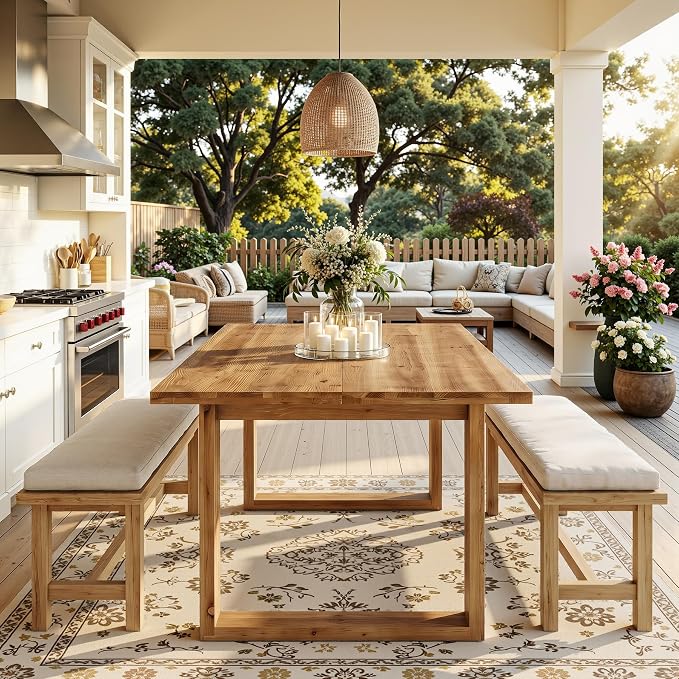 63-Inch Solid Wood Dining Table for 6, Farmhouse Kitchen Table with Heavy Duty Legs, Rectangular Wood Desk for Dining Room, Living Room, Rustic Brown