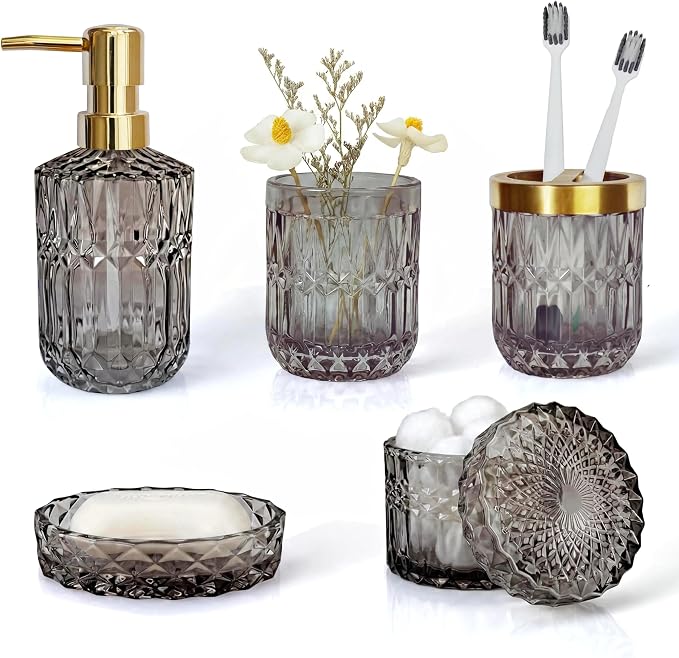 LaMarriti Gray Bathroom Accessories Set, 5Pcs Glass Bathroom Set, Soap Dispenser and Toothbrush Holder Set, Soap Dish, Q-Tips Holder Set, Black and Gold Accent for Vintage Bathroom Decor