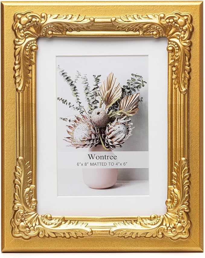 6x8 Gold Picture Frame with Baroque Flower Trim, Solid Wood with Real Glass, Display 6x8 Photos Matted to 4x6, Vertical and Horizontal Desk Tabletop or Wall Hanging，Ornate Vintage Style