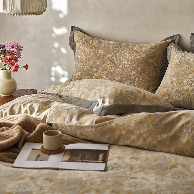 EAVD Vintage Style Yellow Floral Duvet Cover Queen Soft 100% Muslin Cotton Yarn-Dyed Jacquard Textured Bedding Set with 2 Pillowcases Linen Like Gauze Botanical Duvet Cover with Zipper Closure