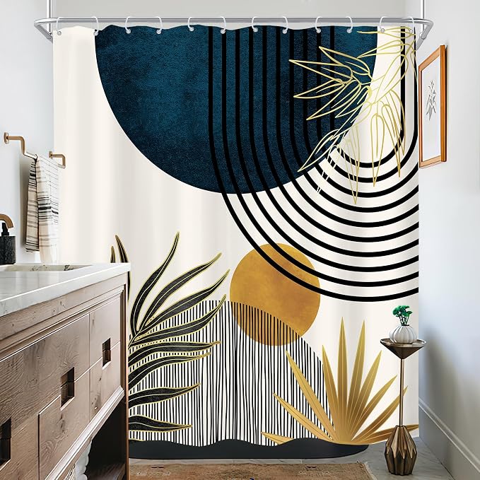 KOMLLEX Mid Century Blue Boho Shower Curtain 72Wx72L Inches Abstract Modern Blue Shower Curtains for Bathroom Decor Plant Botanical Minimalist Arch Sun Fabric Liner Waterproof Polyester 12 Pack Hooks