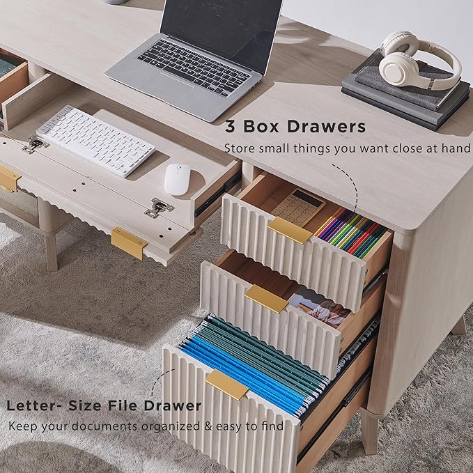 T4TREAM Fluted Executive Desk with Drawers, 60" Modern Home Office Computer Desk with Charging Station, File Cabinet, Keyboard Tray and Storage Cabinet for Study, Living Room, Bedroom, Alder White