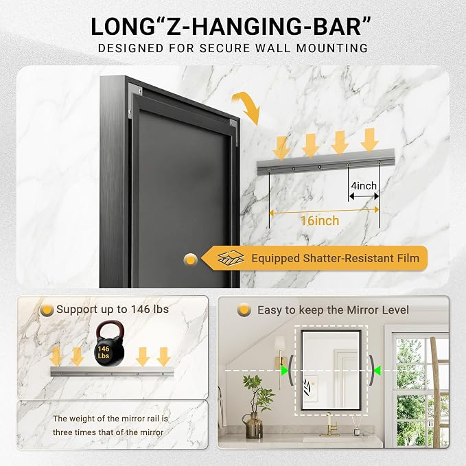 60 x 36 Black Framed Mirror for Bathroom, Beveled Black Bathroom Vanity Mirror Anti-Rust, Shatterproof Matte Black Rectangle Metal Frame Mirror, Vertical/Horizontal Large Wall-Mounted Mirrors