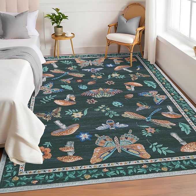 5x7 Washable Mushroom Floral Small Rug Non Slip Living Room Vintage Area Rug Low Pile Soft Bedroom Rugs Non Shedding Kitchen Rugs Boho Retro Indoor Carpet for Kids Nursery Room, Black