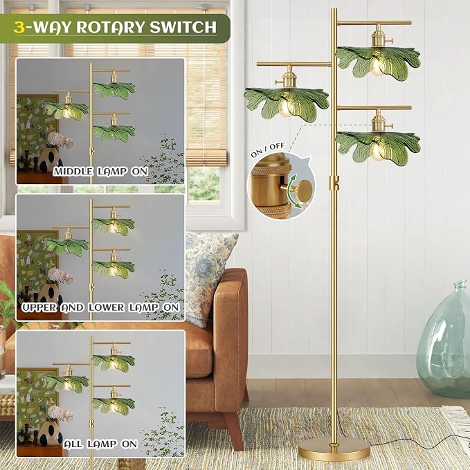 Dimmable Floor lamp 3 Light mid Century Modern Tall Floor lamp Standing Lamps Green Glass Floor Lamps 65" Gold Tall lamp for Living Room Corner Bedroom Farmhouse
