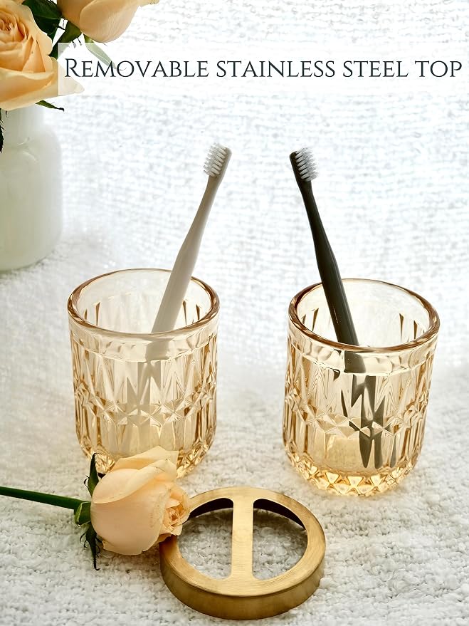 LaMarriti Clear Gold Bathroom Accessorries Set, 5Pcs Glass Bathroom Set, Soap Dispenser and Toothbrush Holder Set, Soap Dish, Tumbler, Q-Tips Holder Set for Modern Bathroom Sink, Cute Bathroom Decor