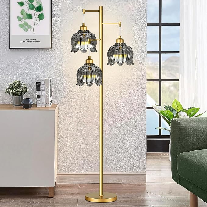 ILLMTW Glass Floor Lamp for Living Room,Bedroom,Gold Mid Century Modern Standing Lamp Brass Tree 3 Light Tall Floor Lamps Vintage Retro Floor Lights Grey Flower Lamp Shade Farmhouse Boho Bohemian