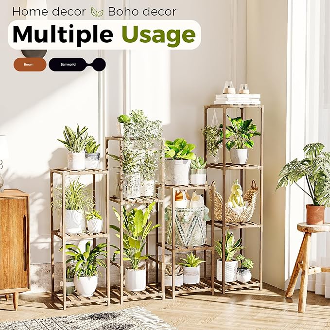 Bamworld Tall Plant Stands Indoor 4 Sets Plant Shelves Outdoor Wooden Plant Holder for Multiple Plants Flower Stands for Living Room Balcony Garden Patio Lawn Window
