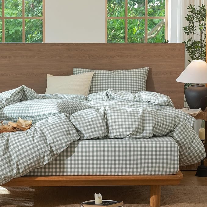 MooMee Gingham Duvet Cover Set 100% Washed Cotton Linen Like Textured Breathable Durable Soft Comfy Modern Checkered Design (Sage Green Gingham, Super Queen 90"x98")