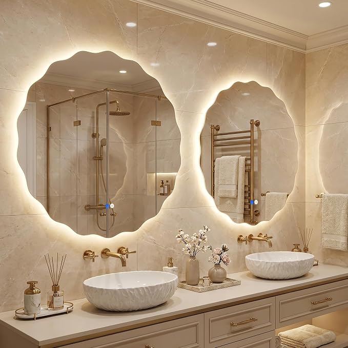 Round Led Bathroom Mirror- 32" Wavy Vanity Mirror with Lights IP54 Enhanced Anti-Fog,Single Piece 3 Colors Dimmable, Memory,Tempered Glass,UL Listed