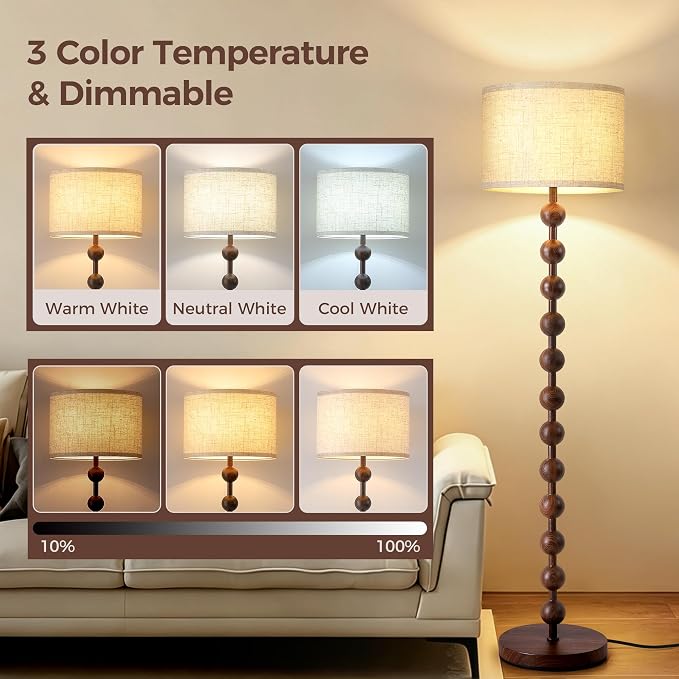 62" Vintage Farmhouse Floor Lamp for Living Room,3 Color Temperatures & Dimmable,Rustic Standing Lamp with Remote & Foot Switch,Retro Wood Grain Tall Floor Lamp for Bedroom Office Corner(Walnut)