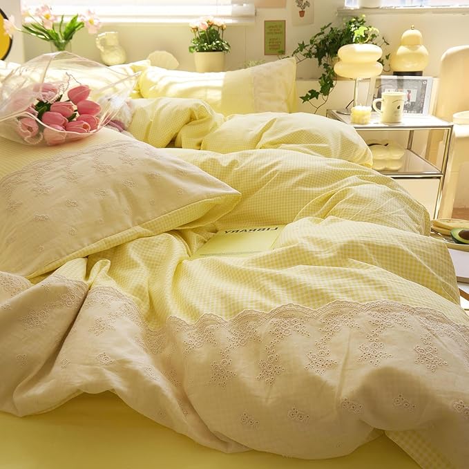 LifeTB Yellow Gingham Duvet Cover Queen 3 Pieces Romantic Lace Comforter Cover Soft Microfiber Cream Yellow Grid Duvet Cover Farmhouse Plaid Checkered Comforter Cover Grid Gingham Bedding Set