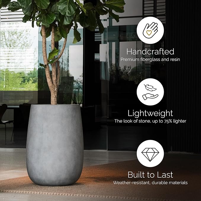 Mondo High Tall Planter – Brown Stone Finish – Fiberglass Indoor/Outdoor and Weather-Resistant Round Planter (17.7" D x 30.9" H Exterior, 16.5" D x 30.7" H Interior)