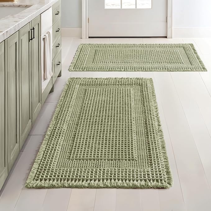 MIULEE Set of 2 Waffle Bathroom Rugs, Boho Bath Rug Super Absorbent, Non Slip Washable Ultra Soft Rubber Backed Shower Bath Mats for Floor, Tub, Shower, Looped Design, Sage Green, 18x30 Inch