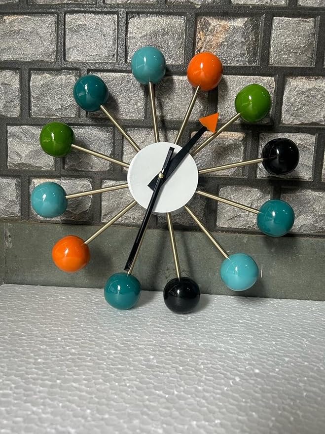 Mid Century Modern Ball Clock – George Nelson Style Wooden Wall Clock, Retro Starburst Design, Silent Non-Ticking Decorative Wall Decor for Living Room, Office, Kitchen & Home (Multi Color, 12 Inch)