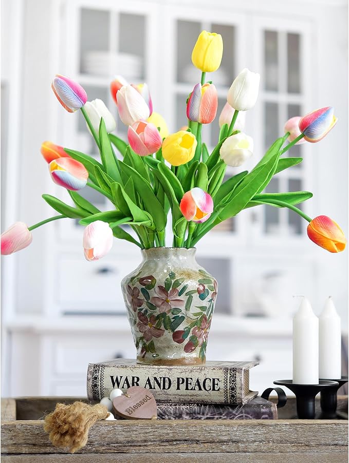 FiveSeasonStuff Real Touch Pastel Rainbow Gradient Tulips – 15 Stems Artificial Flowers with Multicolor Petals for Bouquets, Centerpieces, Home Decor, Spring & All-Season Arrangements