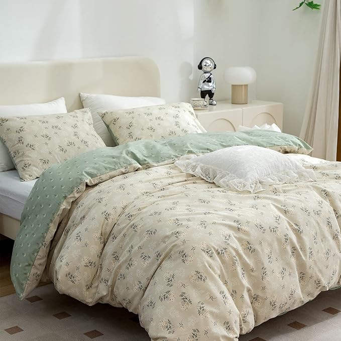 Floral Comforter Set King 3 Pieces Soft Chic Garden Style Green Floral Print Lightweight Botanical Flower Comforter Set for All Seasons 1 Comforter and 2 Pillowcases