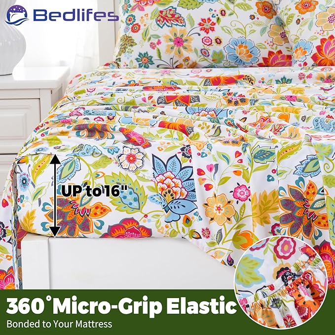 Bedlifes California King Floral 4-Piece Sheet Set - Cooling Sheets Blend Rayon Derived from Bamboo,Soft & Breathable, Deep Pocket 16", Wrinkle Resistant - Vibrant Boho Floral Spring Design