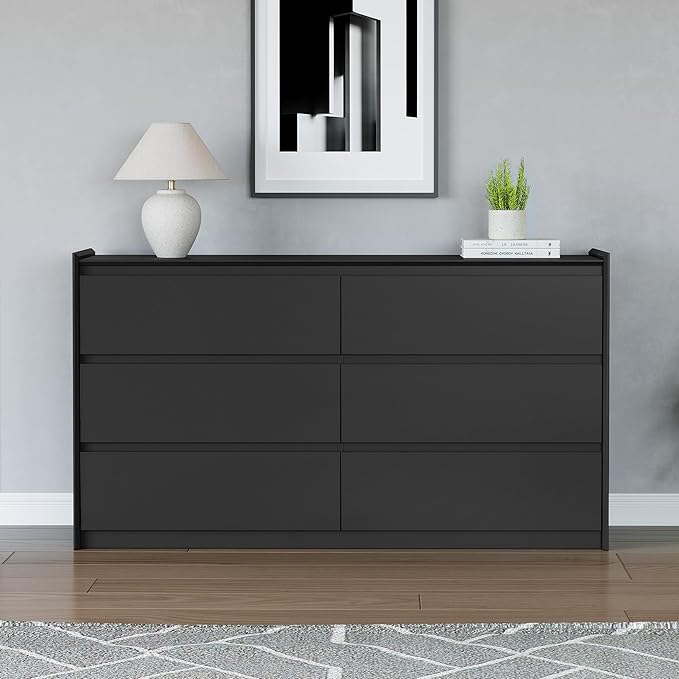 Black Dresser for Bedroom, 54" Wide Chest of Drawers, Simply Modern 6 Drawer Storage Organizer for Closet, Hallway, or Living Room