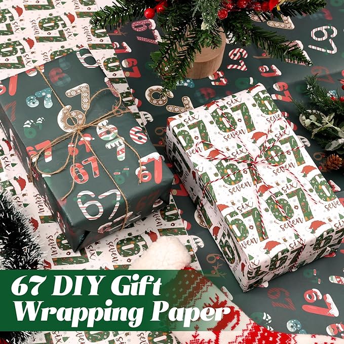 2Pcs 67 Christmas Wrapping Paper, 2025 Funny Holiday Gift Wrap, Unique Six Seven Festive Wrapping Papers, 67 Meme Funny Teen Holiday Gift Wrap (White+Green)