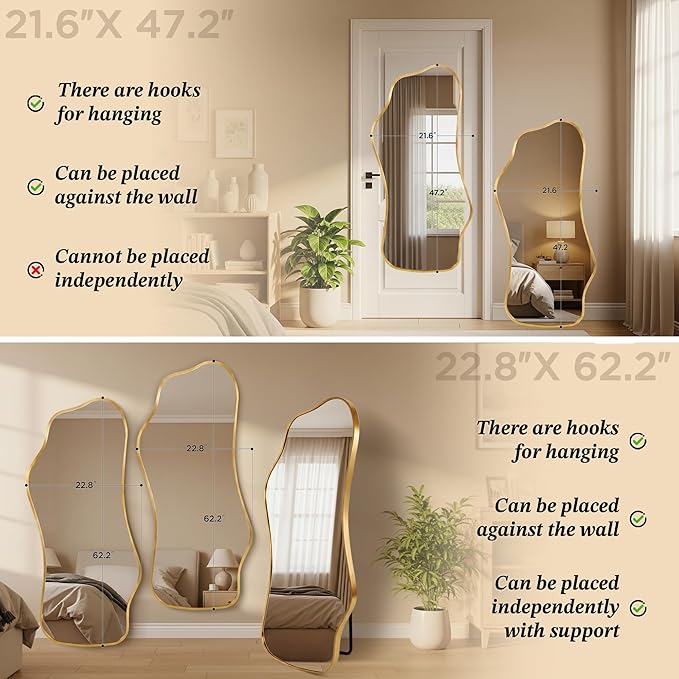 Bathroom Mirrors for Over Sink-Horizontal or Vertical Hanging 47.2"x21.6" Gold Asymmetrical Wavy Aluminum Frame Decorative Full Body Mirror for Living Room,Bedroom,Cloakroom,Entryway