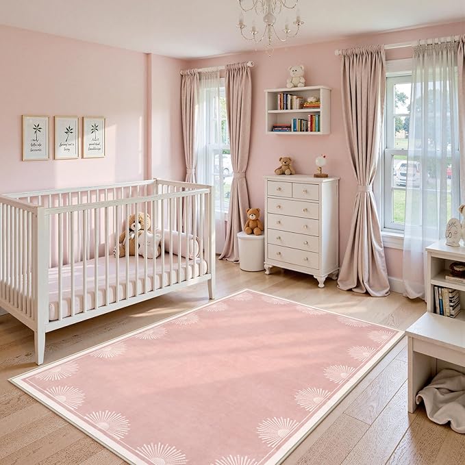 Hedlive Modern 5x7 Pink Area Rugs for Bedroom Girls, Ultra Thin Washable Nursery Rug for Kids Room, Soft Sun Print Toddler Room Rug,Boho Non Shedding Baby Carpets for Classroom Dorm Girls Decor