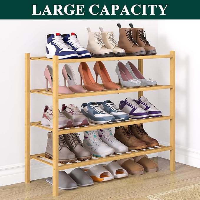 Smiry Bamboo Shoe Rack for Closet, 4 Tier Wooden Stackable Shoe Organizer, Free Standing Shoes Storage Shelf for Entryway, Front Door Entrance, Natural & White