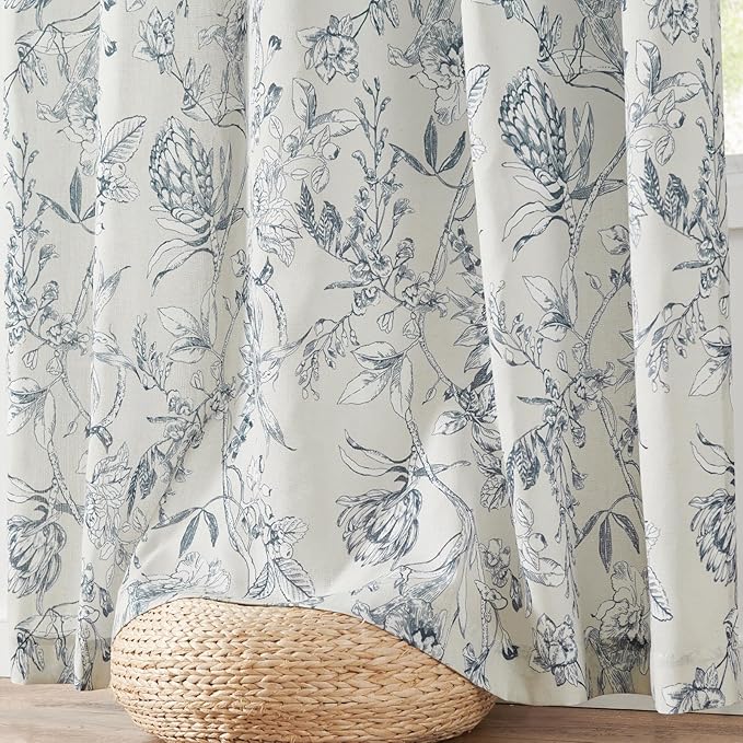 jinchan Floral Curtains 63 Inch Length Blue Flower Linen Farmhouse Curtain for Living Room French Country Vintage Curtain Rod Pocket Curtains Set 2 Panels Blue Floral Printed