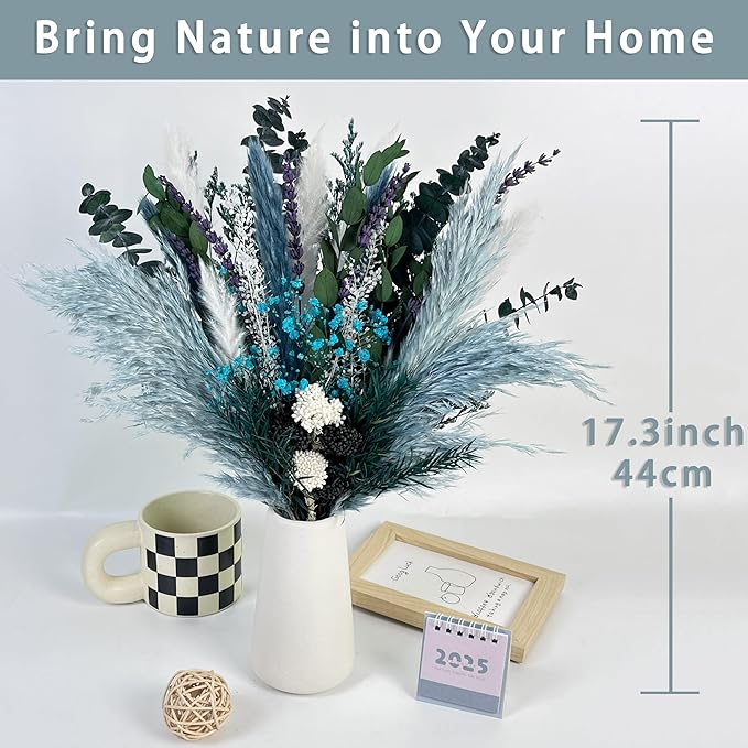Natural Dried Flower Bouquet, 17” Blue Pampas and Eucalyptus Arrangement with Lavender and Turquoise Accents, Rustic Boho Floral Decor for Living Room, Bedroom, or Gift