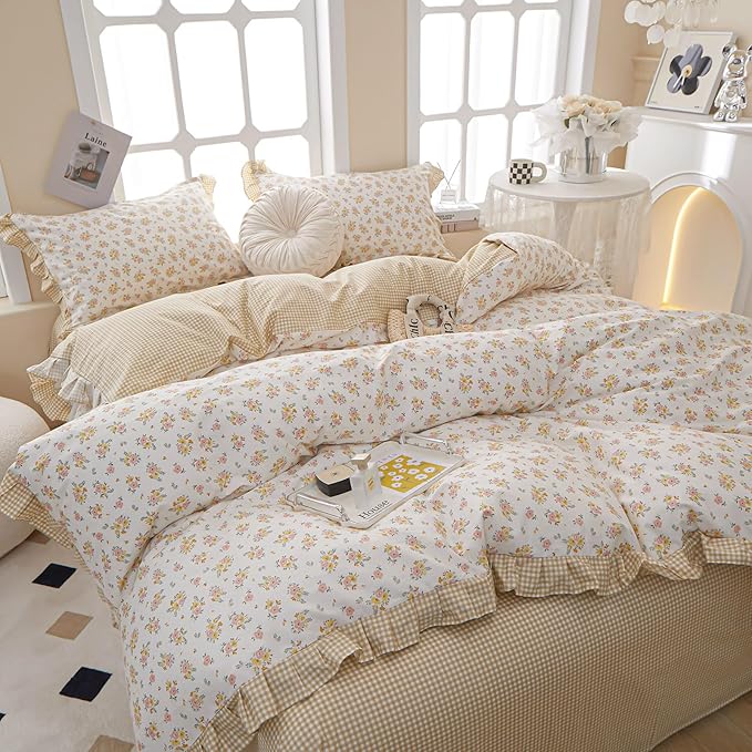 EAVD Vintage Style Botanical Floral Duvet Cover Queen White Soft 100% Cotton Garden Yellow Pink Floral Bedding Set with 2 Pillowcases Chic Shabby Floral Ruffle Duvet Cover with Zipper Closure