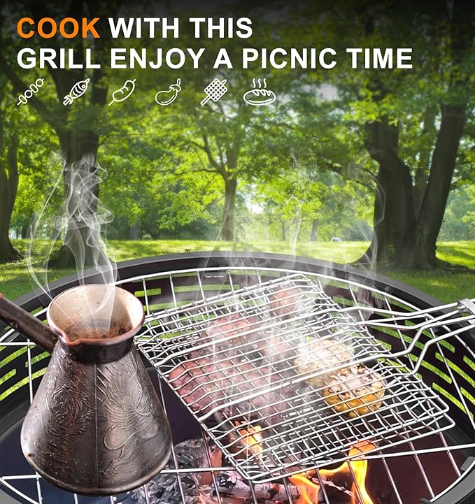 PWSOMJ 23 Inch Cast Iron Round Fire Pit with Grill, 3-in-1 Outdoor Fire Bowl, Fire Pit Table with Metal Lid and Fire Poker, Wood Burning Firepit for BBQ Bonfire Patio Picnic