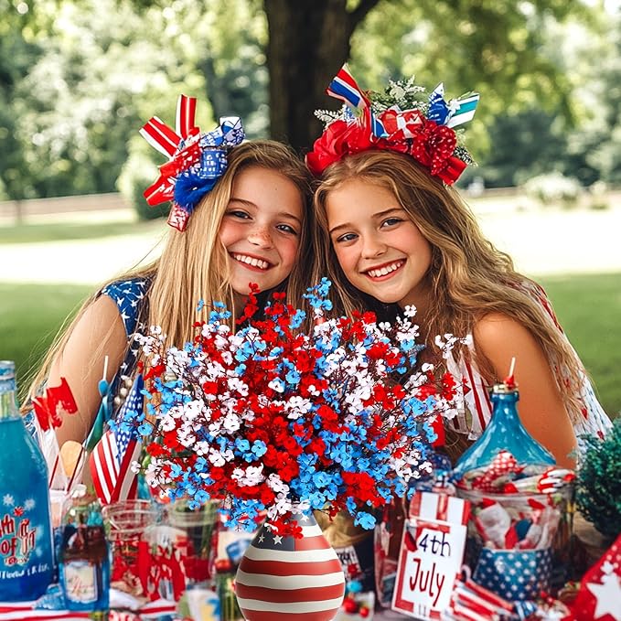Yastouay 4th of July Artificial Flowers Decorations, 10 Pcs Red White and Blue Decorations, Fake Patriotic Babys Breath Flowers for Independence Day Decor Floral Arrangement