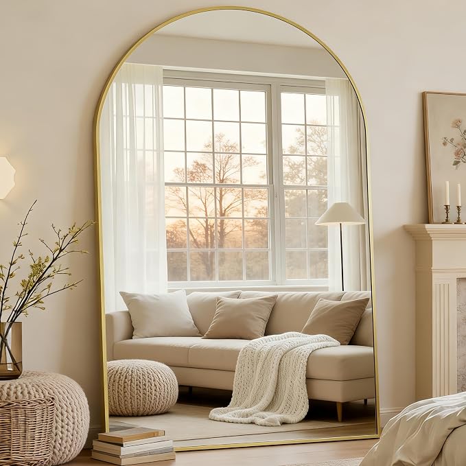 Dewfig Arched Full Length Mirror, 90"x46" Large Floor Mirror with Stand, Oversized Full Body Mirrors for Leaning or Hanging, Wall Mounted Mirrors for Bedroom, Living Room,Dressing Room, Gold