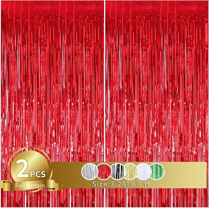 TONIFUL 2Pcs Red Metallic Tinsel Foil Fringe Curtains,Red Photo Booth Backdrop Streamer Curtain Photo Booth Props for Bachelorette Party,Birthday,Graduation,Christmas Decor(6.6ft x 9.9ft)