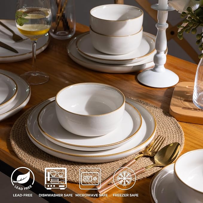 GBHOME Ceramic Dinnerware Sets for 8, 24 Pieces Stoneware Plates and Bowls Sets, Scratch Resistant Dishes, Dishwasher & Microwave Safe, Reactive Glaze-Pearl White