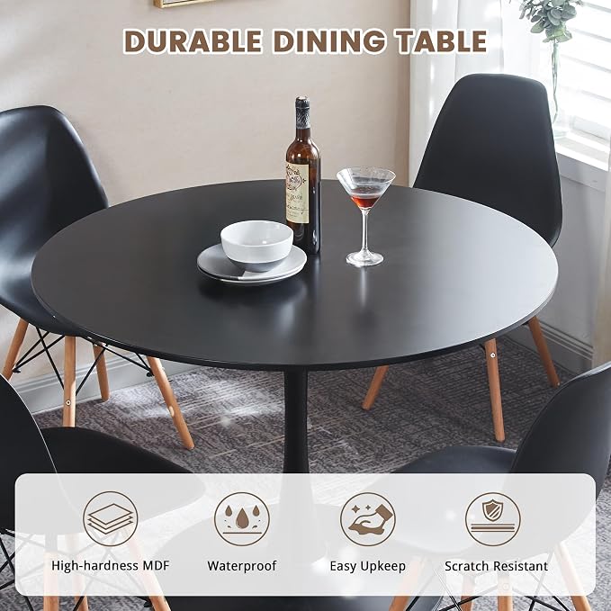 5-Piece Round Dining Table Set,42" Mid-Century Modern Kitchen Table with 4 Chairs,Tulip Pedestal Table & Solid Wood Legs,Space Saving Compact Furniture for Small Spaces Apartment Home,Black