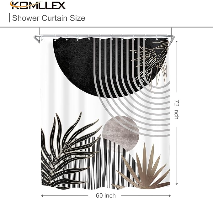KOMLLEX Mid Century Black Grey Boho Shower Curtain 60Wx72L Inches Abstract Modern Shower Curtains for Bathroom Decor Plant Dark Grey Minimalist Arch Sun Fabric Liner Waterproof Polyester 12 Pack Hooks