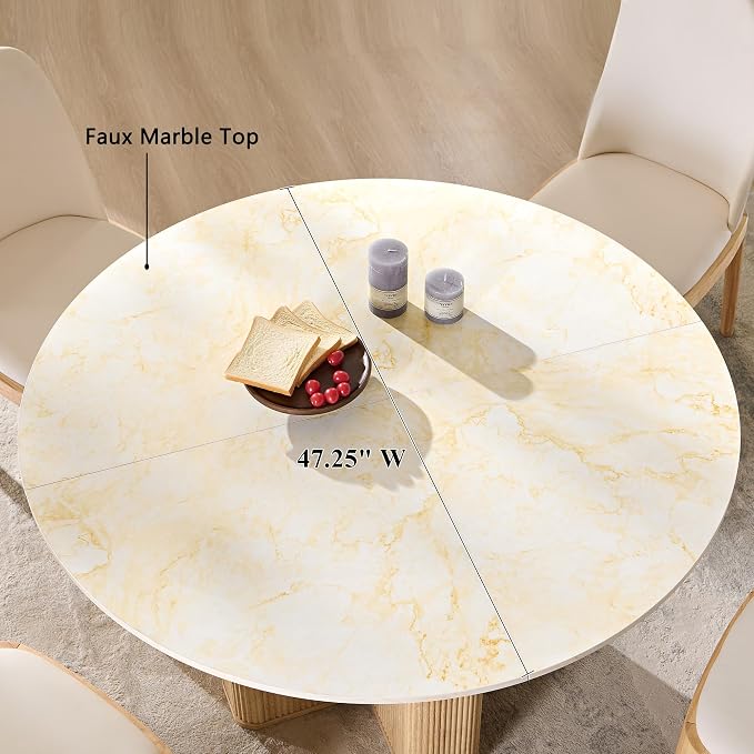 T4TREAM 47" Fluted Round Dining Table for 4-6, Mid-Century Modern Kitchen Table with Thickened Edge & Sturdy Pedestal Base for Kitchen Living Room,Marble & Natural Oak